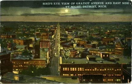 Postcard - Bird's Eye View of Gratiot Avenue and East Side by Night, Detroit, Mich.