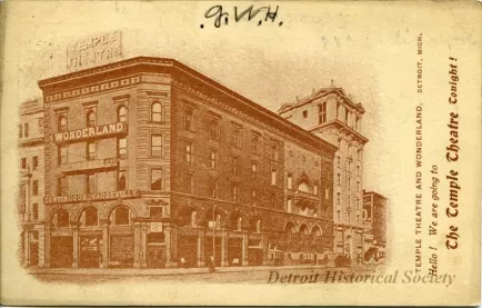 Postcard - Temple Theatre and Wonderland, Detroit, Mich. Hello! We are going to The Temple Theatre Tonight!