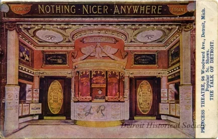 Postcard - Princess Theatre, 98 Woodward Ave., Detroit, Mich. Popular 5c. Shows. The Talk of Detroit.