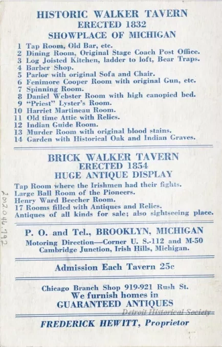 Postcard - Historic Walker Taverns, Cambridge Jct., Brooklyn, Mich.
Situated at Gateway to Irish Hills, Cor. U. S. 112 and M 50