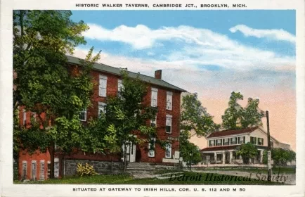 Postcard - Historic Walker Taverns, Cambridge Jct., Brooklyn, Mich.
Situated at Gateway to Irish Hills, Cor. U. S. 112 and M 50