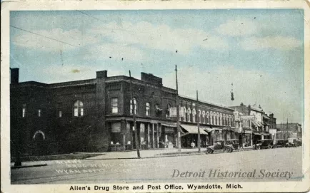 Postcard - Allen's Drug Stone and Post Office, Wyandotte, Mich.
