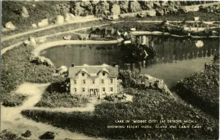 Postcard - Lake in "Midget City" (at Detroit, Mich.) Showing Resort Hotel, Island and Cabin Camp.