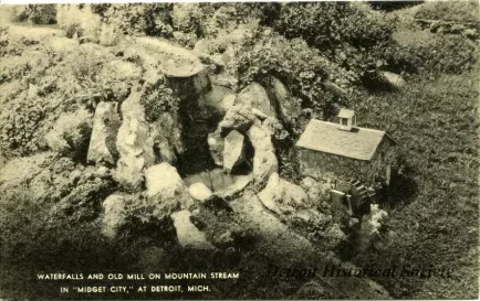 Postcard - Waterfalls and Old Mill on Mountain Stream in "Midget City," at Detroit, Mich.