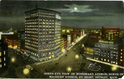 Postcard - Bird's Eye View of Woodward Avenue, North of Michigan Avenue, By Night, Detroit, Mich.