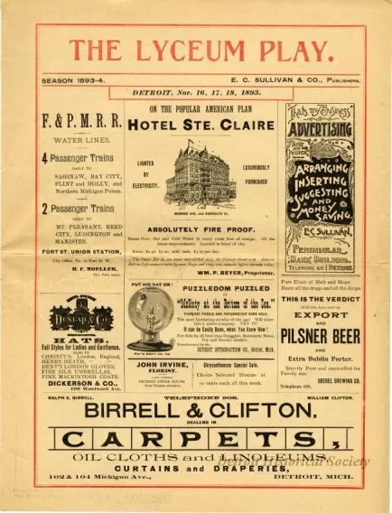 Program, Theater - The Lyceum Play, Season 1893-4, Detroit, Nov. 16, 17, 18, 1893