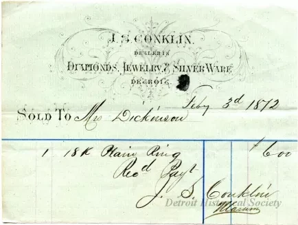 Bill-of-sale - J. S. Conklin, 
Dealer in Diamonds, Jewelry & Silverware