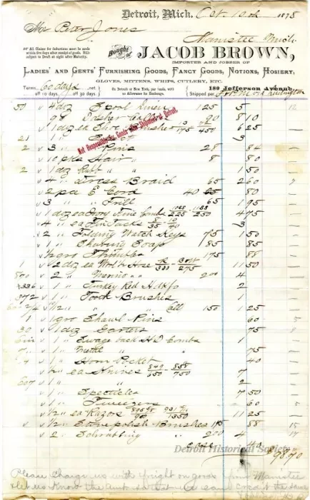 Bill-of-Sale - Jacob Brown, Importer and Jobber of Ladies' and Gents' Furnishing Goods, Fancy Goods, Notions, Hosiery, Gloves, Mittens, Whips, Cutlery, etc.
