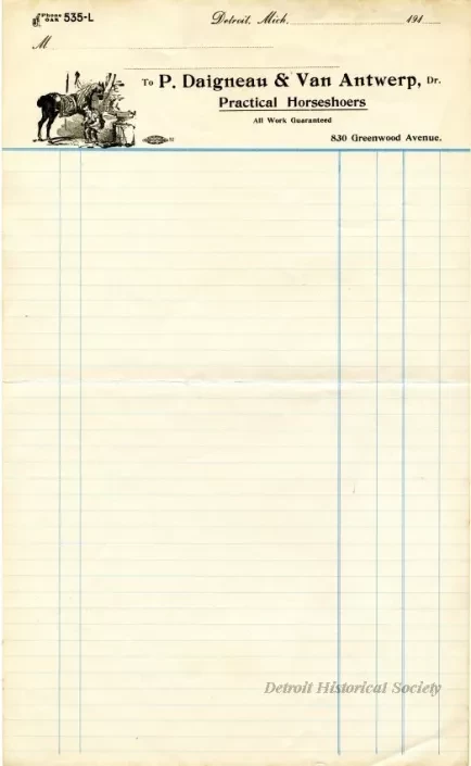 Bill-of-sale - P. Daigneau, Dr. - Practical Horseshoer and General Repairing
P. Daigneau & Van Antwerp, Dr. - Practical Horseshoers