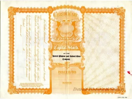 Certificate, Stock - Detroit Window and Stained Glass Company