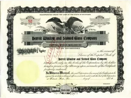 Certificate, Stock - Detroit Window and Stained Glass Company