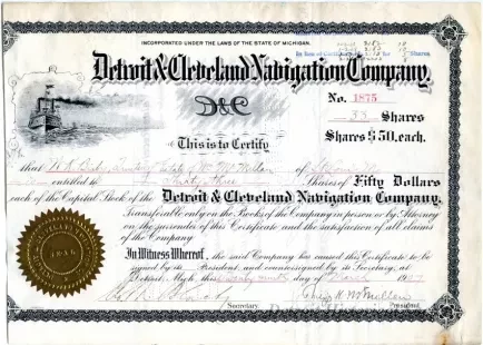 Certificate, Stock - Detroit & Cleveland Navigation Company