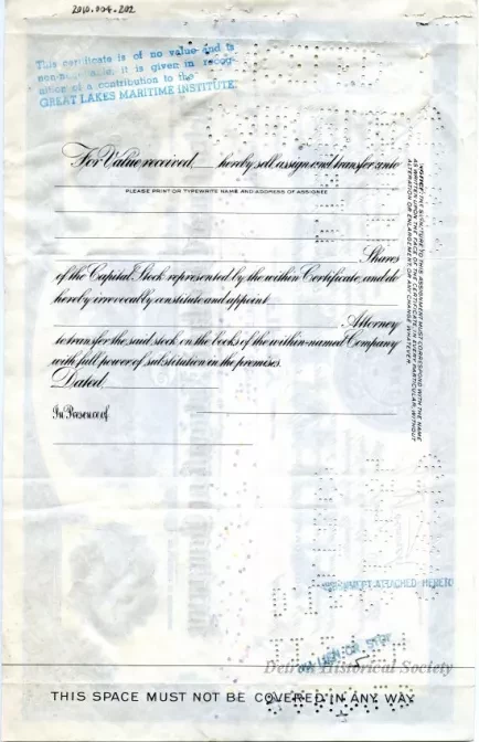 Certificate, Stock - Detroit and Cleveland Navigation Company