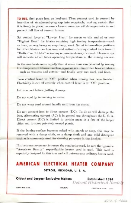 Brochure - a. American Beauty Adjustable-Automatic Electric Iron
b. American Beauty Cord-Support