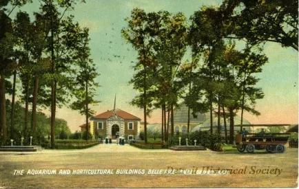 Postcard - The Aquarium and Horticultural Buildings, Belle Isle Park, Detroit, Mich.