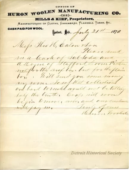 Letter - Huron Woolen Manufacturing Company