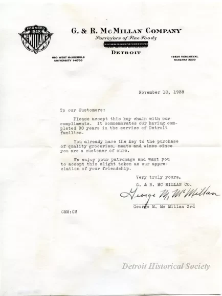 Letter - G. & R. McMillan Company, 
Purveyors of Fine Foods