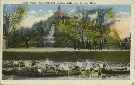 Postcard - Cedar Mount, Waterfall and Canoes, Belle Isle, Detroit, Mich.