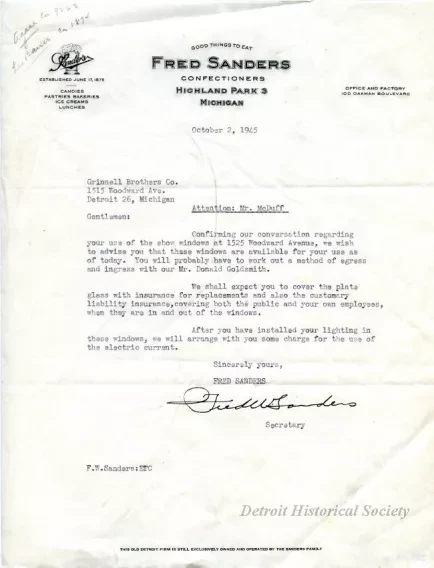 Letter - Fred W. Sanders Confectioners
(letter to Grinnell Brothers)