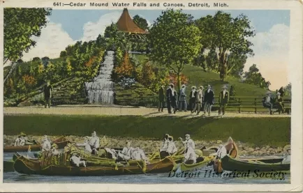 Postcard - Cedar Mound Water Falls and Canoes, Detroit, Mich.