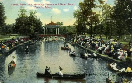 Postcard - Canal, Belle Isle, showing Canoes and Band Stand, Detroit, Mich.