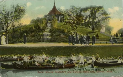 Postcard - Cedar Mount, Waterfall and Canoes, Belle Isle, Detroit, Mich.