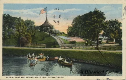 Postcard - Floral Flag and Mount, Belle Isle, Detroit, Mich.