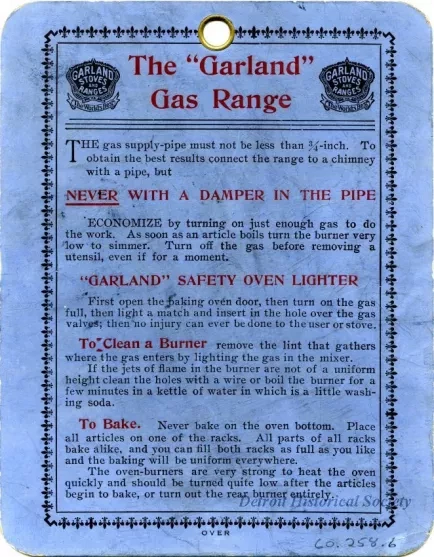 Card, Instruction - The Garland Gas Range
