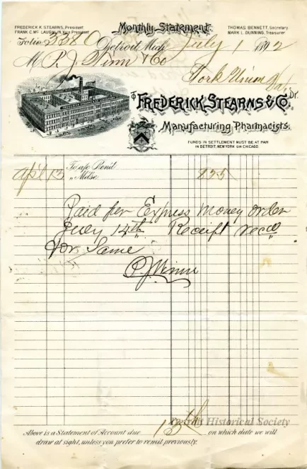 Statement, Monthly - Frederick Stearns & Co. Manufacturing Pharmacists