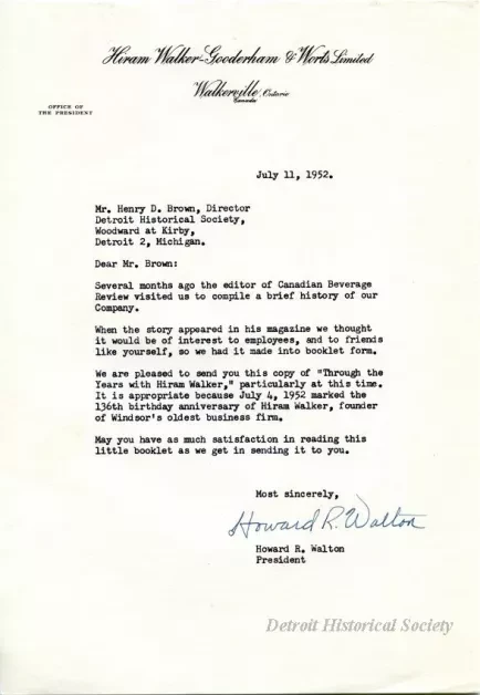 Letter - Hiram Walker - Gooderham & Worts, Ltd.