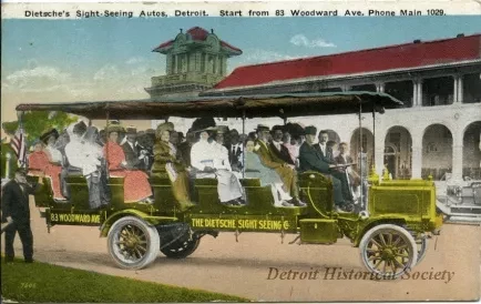 Postcard - Dietsche's Sight-Seeing Autos, Detroit. Start from 83 Woodward Ave. Phone Main 1092.