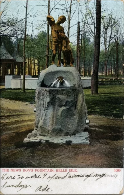 Postcard - The News Boy's Fountain, Belle Isle.