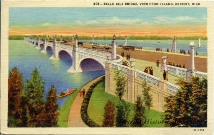 Postcard - Belle Isle Bridge, View from Island, Detroit, Mich.