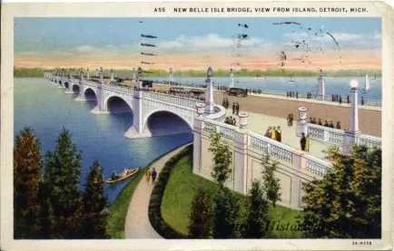Postcard - New Belle Isle Bridge, View from island Detroit, Mich.