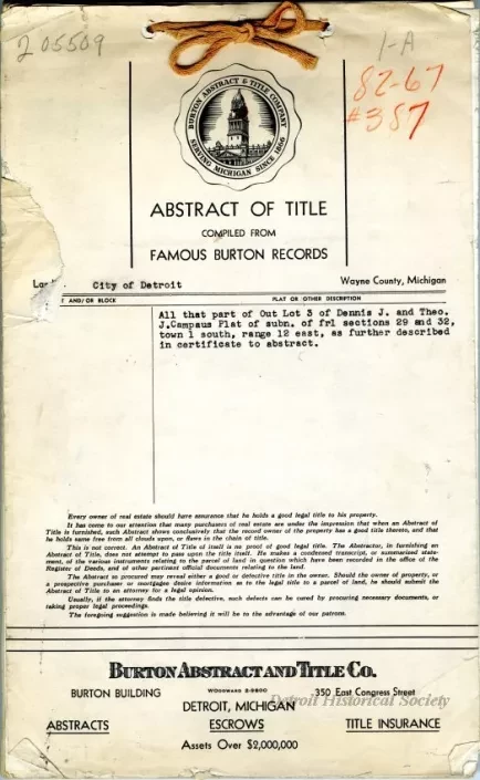 Title, Abstract - Abstract of Title,
Out Lot 3, Dennis J. and Theodore J. Campau Plat