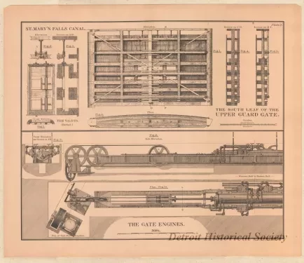 Lithograph - St. Mary's Falls Canal,
The South Leaf of the Upper Guard Gate.
The Gate Engines.