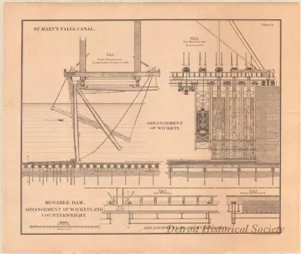 Lithograph - St. Mary's Falls Canal, 
Movable Dam.  Arrangement of Wickets and Counterweight.