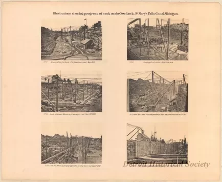 Lithograph - Illustrations Showing Progress of Work on the New Lock,
St. Mary's Falls Canal, Michigan.