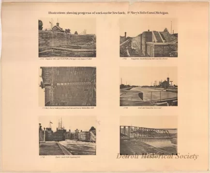 Lithograph - Illustrations Showing Progress of Work on the New Lock,
St. Mary's Falls Canal, Michigan
