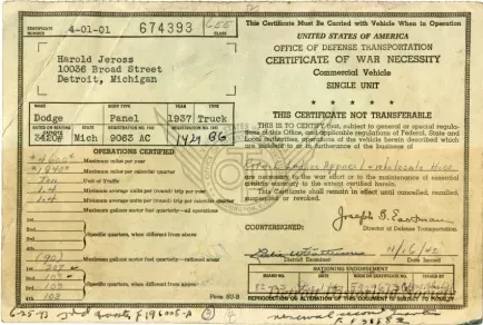 Certificate - Certificate of War Necessity
Commercial Vehicle
Single Unit