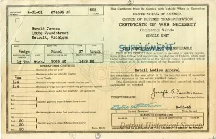 Certificate - Certificate of War Necessity
Commercial Vehicle
Single Unit
SUPPLEMENT