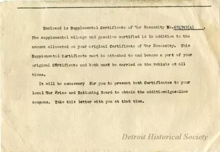 Letter - Supplemental Certificate of War Necessity