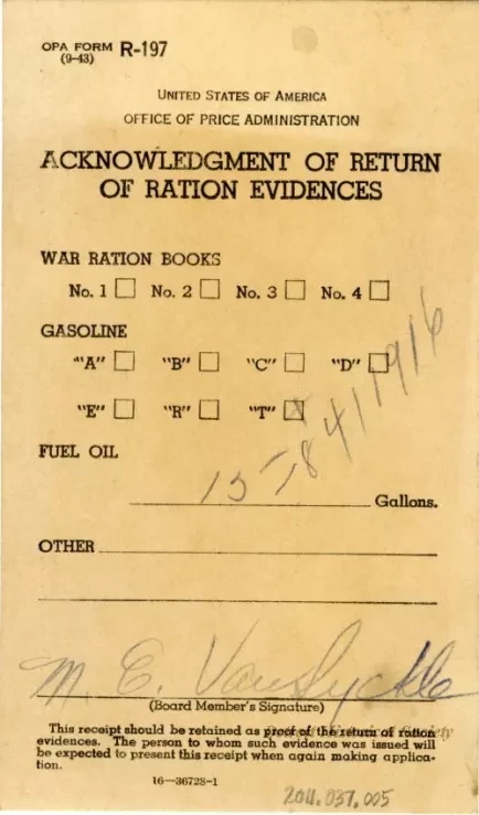 Postcard - Acknowledgment of Return of Ration Evidences