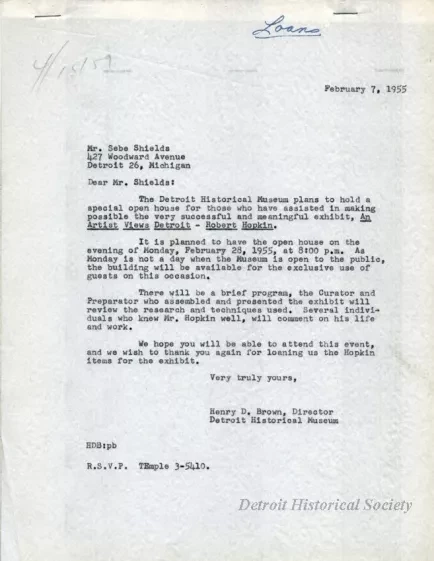 Letter - Director Detroit Historical Museum Robert Hopkin Exhibit Open House Invitation Letters - Detroit Historical Museum's Robert Hopkin Exhibit Open House Invitation Let