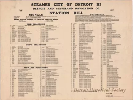 Poster, Instructional - Steamer City of Detroit III
Detroit and Cleveland Navigation Co.
Station Bill