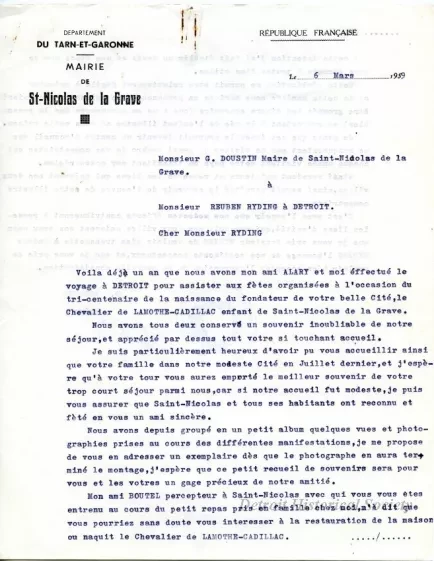 Letter - Departement Du Tarn-Et-Garonne,
Mairie de St-Nicolas de la Grave