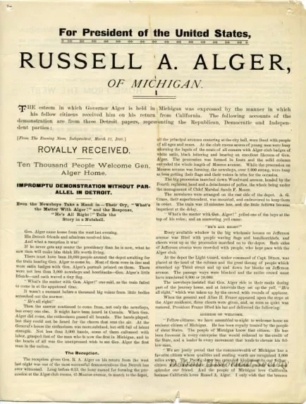 Leaflet - For President of the United States Russell A. Alger of Michigan