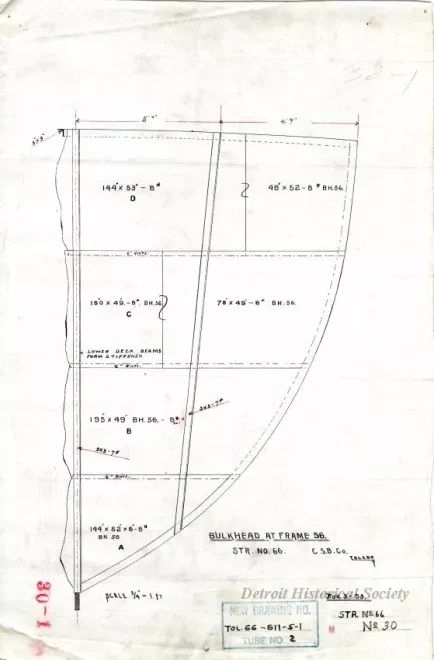 Drawing, Technical - Bulkhead at Frame 56,
Str. [Steamer] No. 66