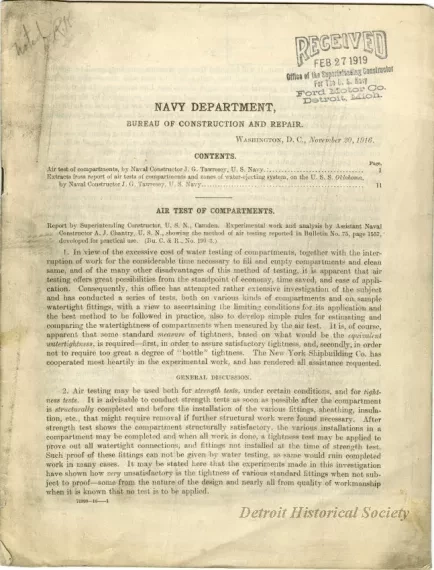 Report, Technical - "Air Test of Compartments," and "Extracts from Report of Air Tests of Compartments and Zones of Water-Ejecting System on the U.S.S. OKLAHOMA,"