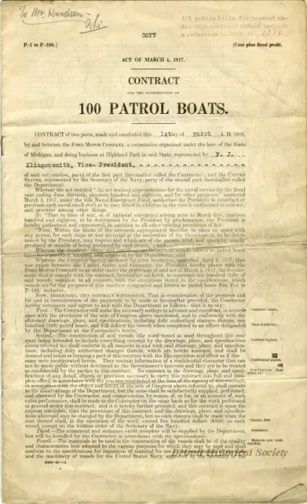 Contract - Act of March 4, 1917, Contract for the Construction of 100 Patrol Boats